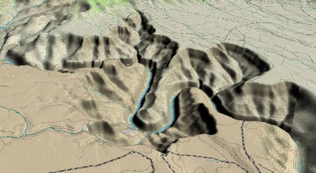 3-D view of the Grand Canyon -
              centered at Mile 44. View to WSW