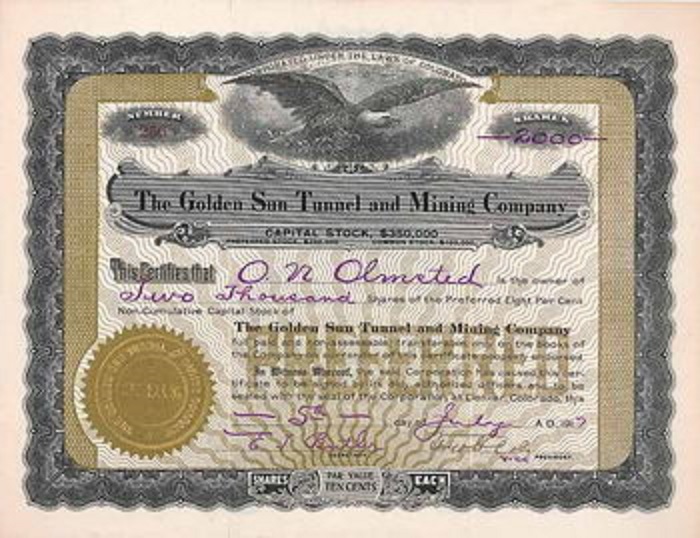 Stock certificate for the Golden Sun Tunnel.