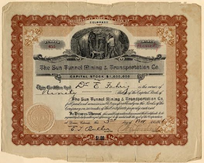 Stock certificate for Sun Tunnel Mining.