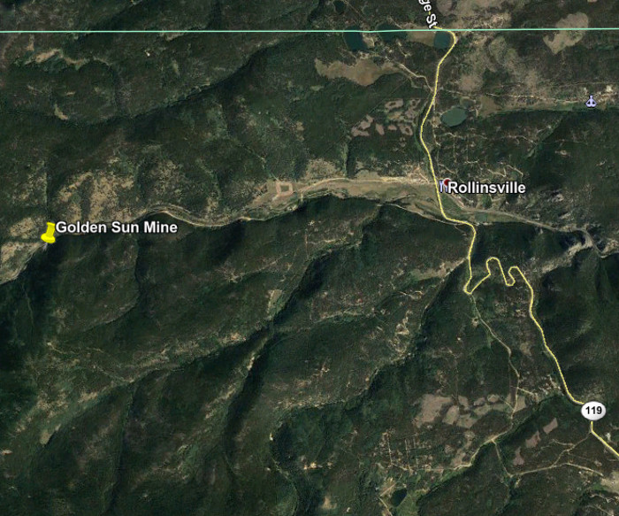 A Google Earth view showing the location of the Golden
          Sun Mine.